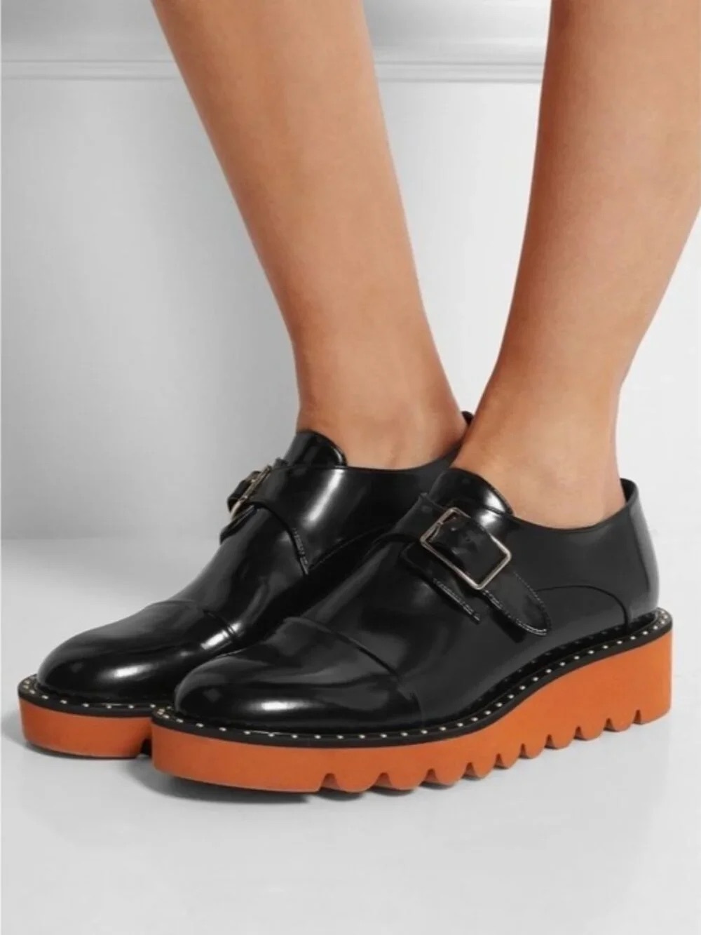 Women's Stella McCartney Odette Brogue Black Leather Monk Strap Platform loafer